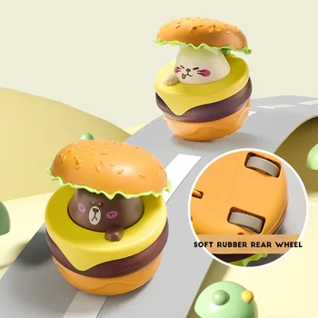Toddler Press and Slide Hamburger Car Toy Inertia Pull-Back Car Toys Cartoon Bear Cat Dog Hamburger Shape Press Slide Toys Car 1