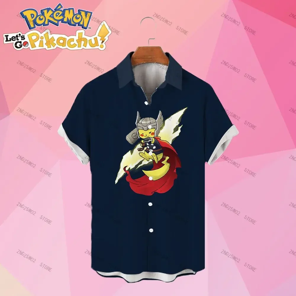 Pok&eacute;mon Men's Shirts Pikachu Couples Dress Summer Cartoon Short Sleeve Anime New Women's Blouse HD Print Social Shirt Fashion