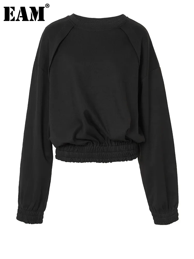 

[EAM] Loose Fit Black Elastic Hem Sweatshirt New Round Neck Long Sleeve Women Big Size Fashion Tide Spring Autumn 2024 1DF7414