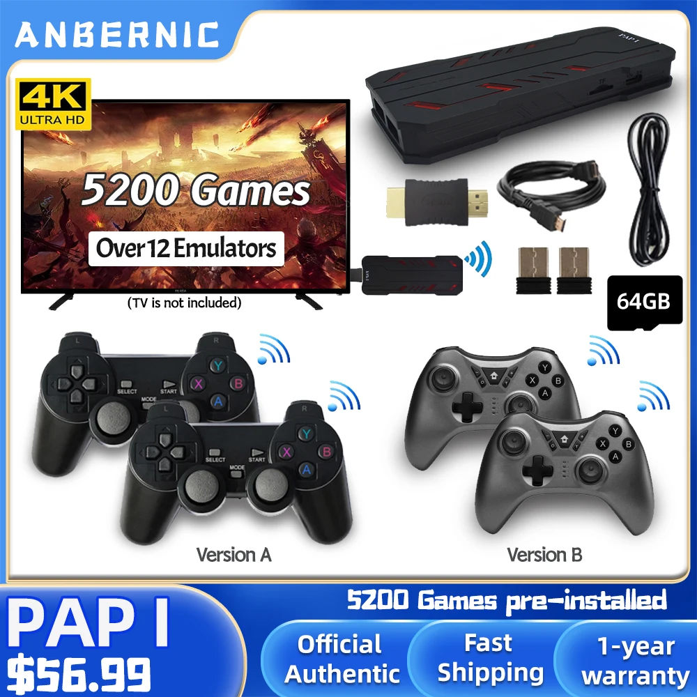 

ANBERNIC PAP I Wireless Retro Game Console Plug and Play Video Game Stick 4K HDMI-Output Dual 2.4G Wireless Controller For Kids