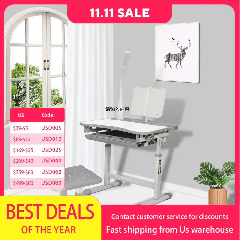 Kids Study Desk and Chair Set, Children School Study Desk with Tilt Desktop, Bookstand, LED Light, Storage Drawer for Boys Girls