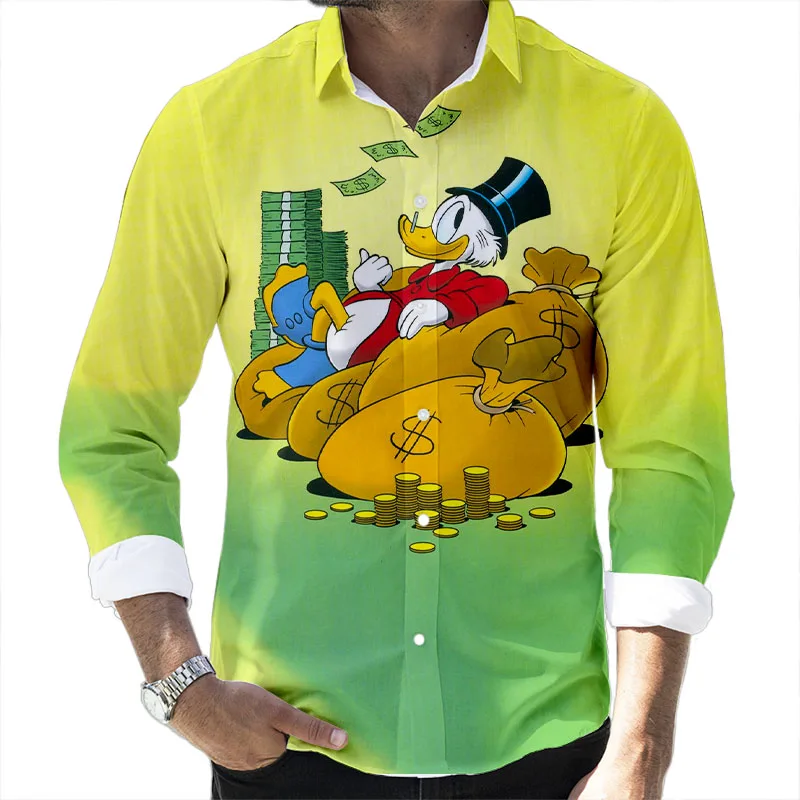 

Funny Men's Shirts 2022 Donald Duck Print Unisex Fall Long Sleeve Cute Disney Cartoon Casual Button Men's Top