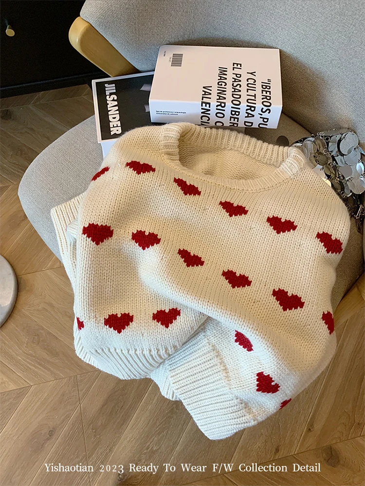 Fashion Simple Classical Knitted Sweater Heart  Print O-Neck Long Sleeve Pullovers Preppy Style Sweet Chic Autumn Y2K Streetwear