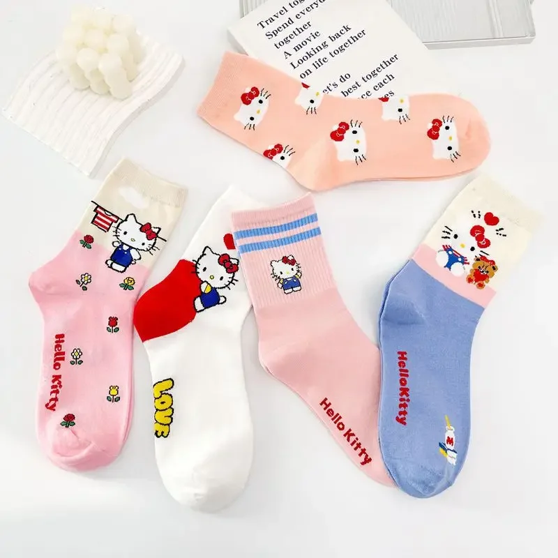 Sanrio Kawaii Anime Cartoon New Pink Plaid Medium Tube Socks Women's Ins Style Versatile Cute Hello Kitty Socks Cotton