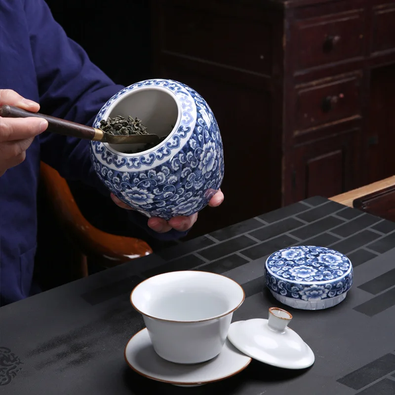 青と白の磁器保存缶キャンディー密封缶蓋付き家庭用セラミック茶