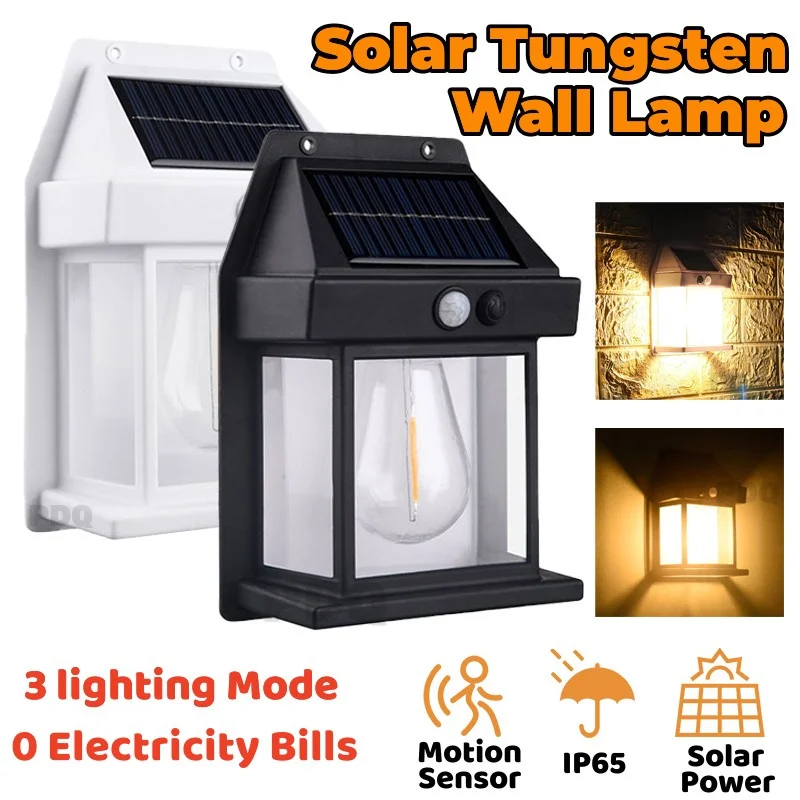 Solar Tungsten Wall Light Waterproof Wireless Motion Sensor Security Lamps Dusk to Dawn Exterior Lighting for Patio Porch Garage