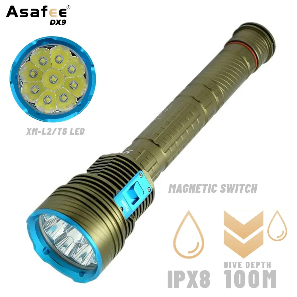 

Asafee DX9 100M Deep Diving Flashlight XM-L2/T6 LED 8000LM Magnetic Switch IPX8 Waterproof Scuba Torch Yellow/White 3 Mode Light