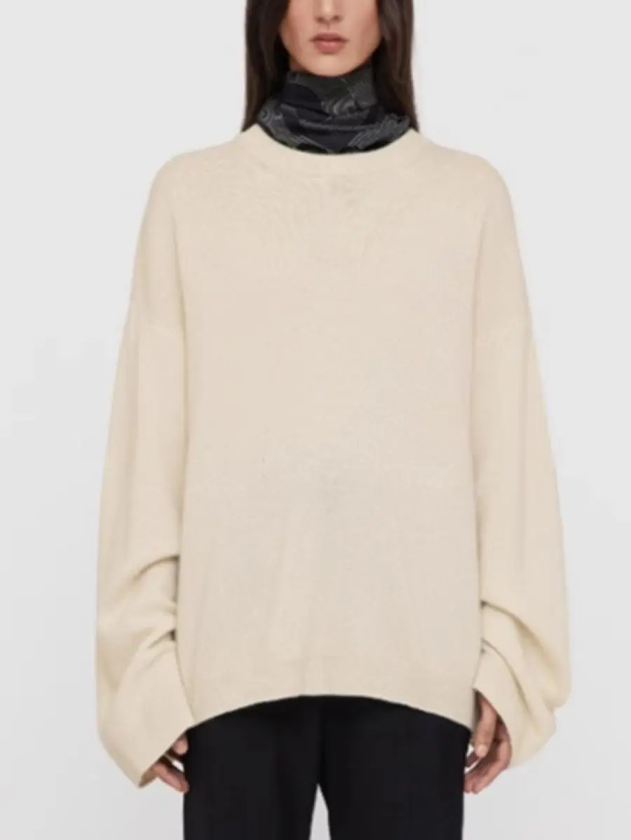 

Women Sweater Logo Embroidery O-Neck Long Sleeve 3-Color Loose Autumn Winter Pullover