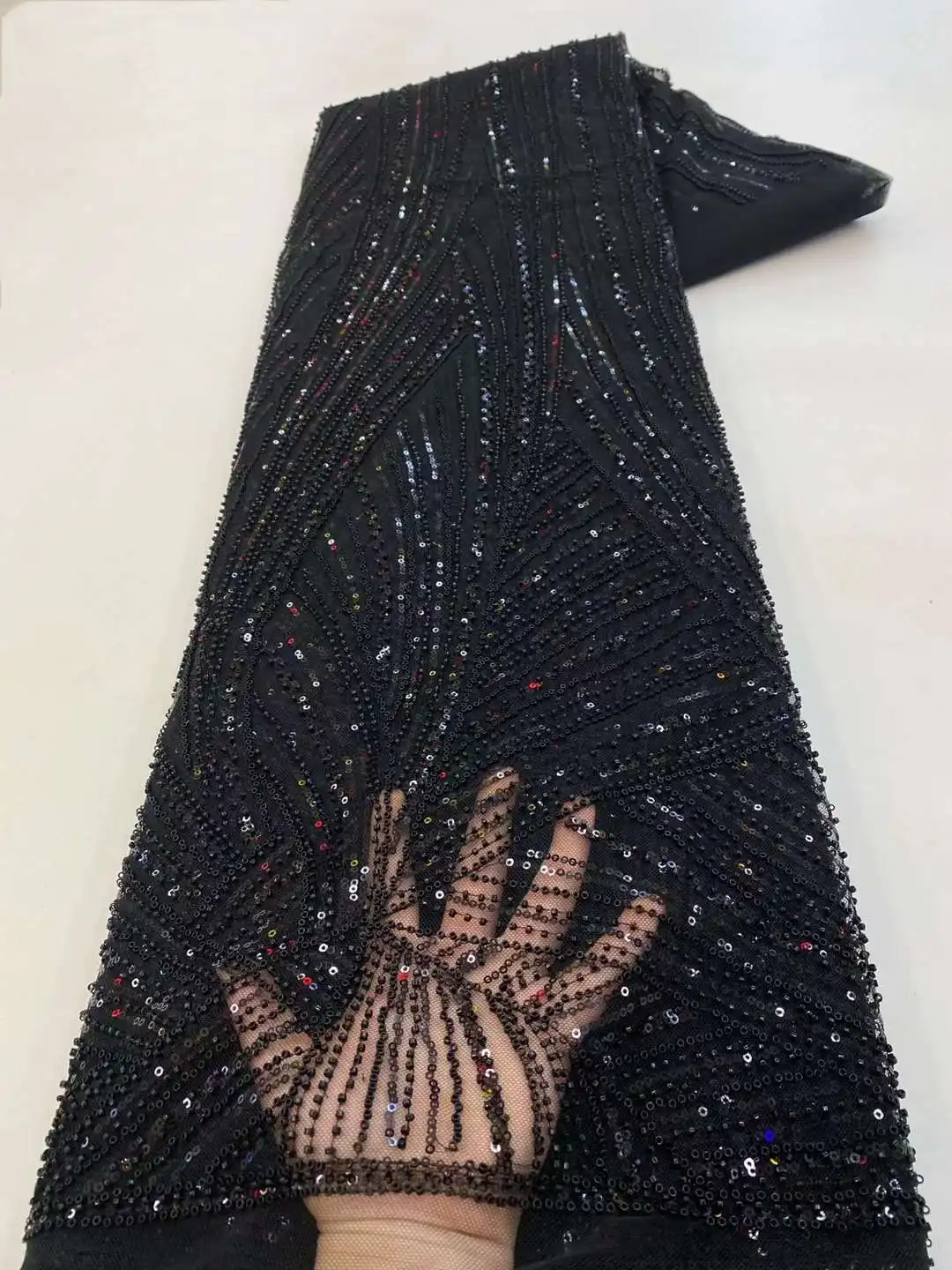 

African Lace Fabric French Sequins Beads Lace Fabric 2023 High Quality Embroidered Lace Tulle Nigerian Beaded Lace Fabric 5Yards