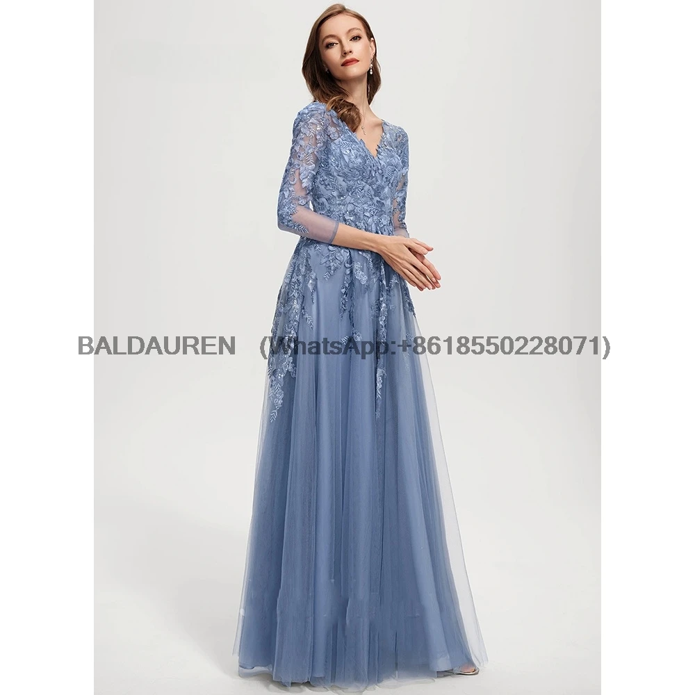 V Neck A Line Mother Dress For Wedding 3/4 Sleeves Lace Appliques Wedding Party Gowns Floor-Length Formal Dress Customized mother bride dresses