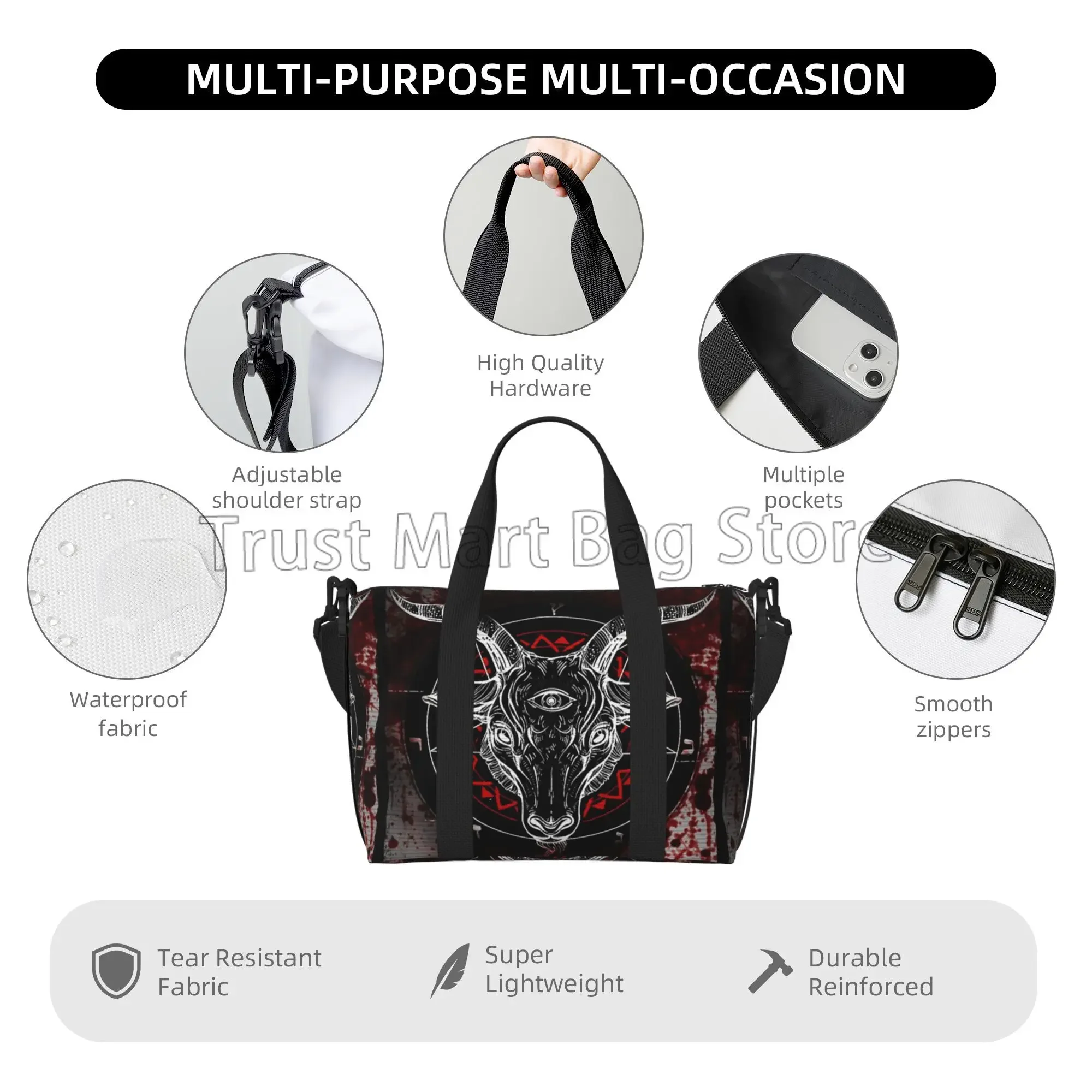 Pentagram with Demon Baphomet Satanic Goat Head Duffel Bags Unisex Waterproof Sports Travel Luggage Overnight Weekender Bag