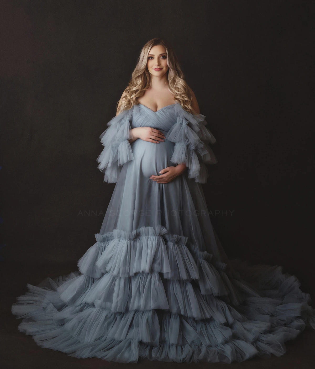 Grey Tulle A Line Maternity Dress Off Shoulder Tiered Ruffles Pregnant Women Gowns for Photo Shoot Floor Length Babyshower Gowns