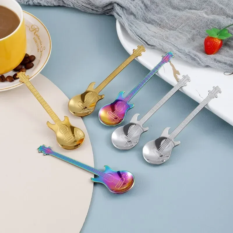 Stainless Steel Spoons 3pcs Stainless Steel Guitar Shaped Love Coffee Spoon Teaspoon Children Spoon Coffee Tea Use Kitchen