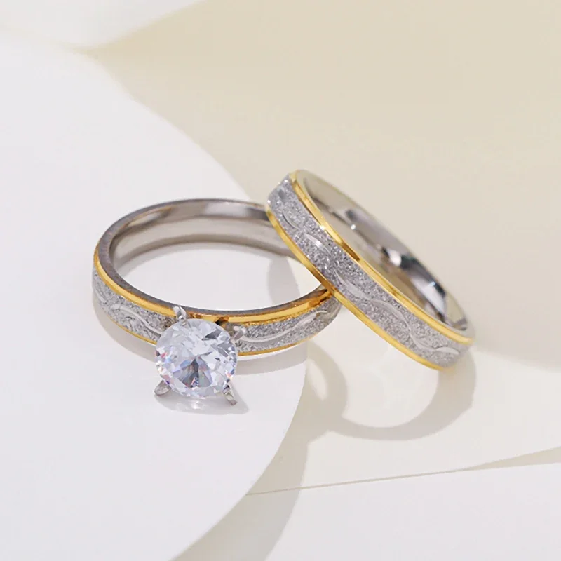 Engagement Rings 4mm Couple Lover Women Men Stainless Steel Zircon Korean Style Jewelry Wedding WC033