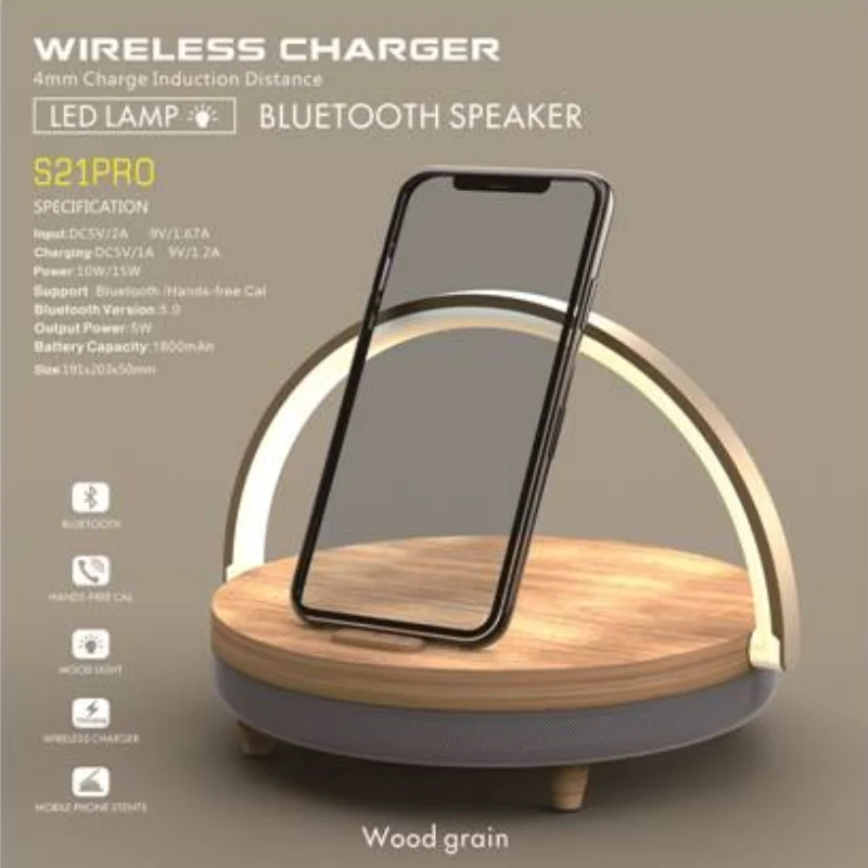 

New S21 Pro Bluetooth Speaker Wood Wireless Chargers LED Lamp 15W High Power Fast Charging Stand for iPhone 14 13 13Pro 12