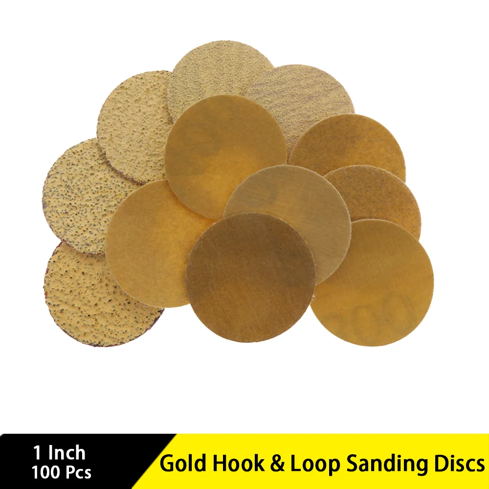 

Шлифовальные диски с золотым крючком и петлей, 1 дюйм, 100 шт., наждачная бумага разного цвета для деревообработки, дерева, мебели, металлообработки, шлифовки