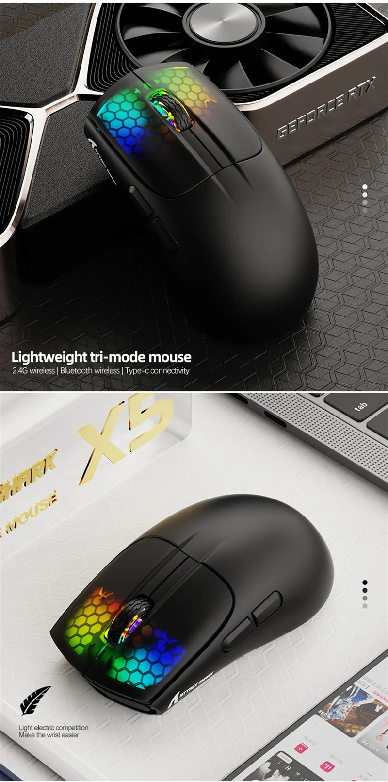 X New Arrivals Bluetooth G Wireless Wired Three mode Lightweight Gaming RGB Lighting Five speed DPI Ad aming RB_voghion.com
