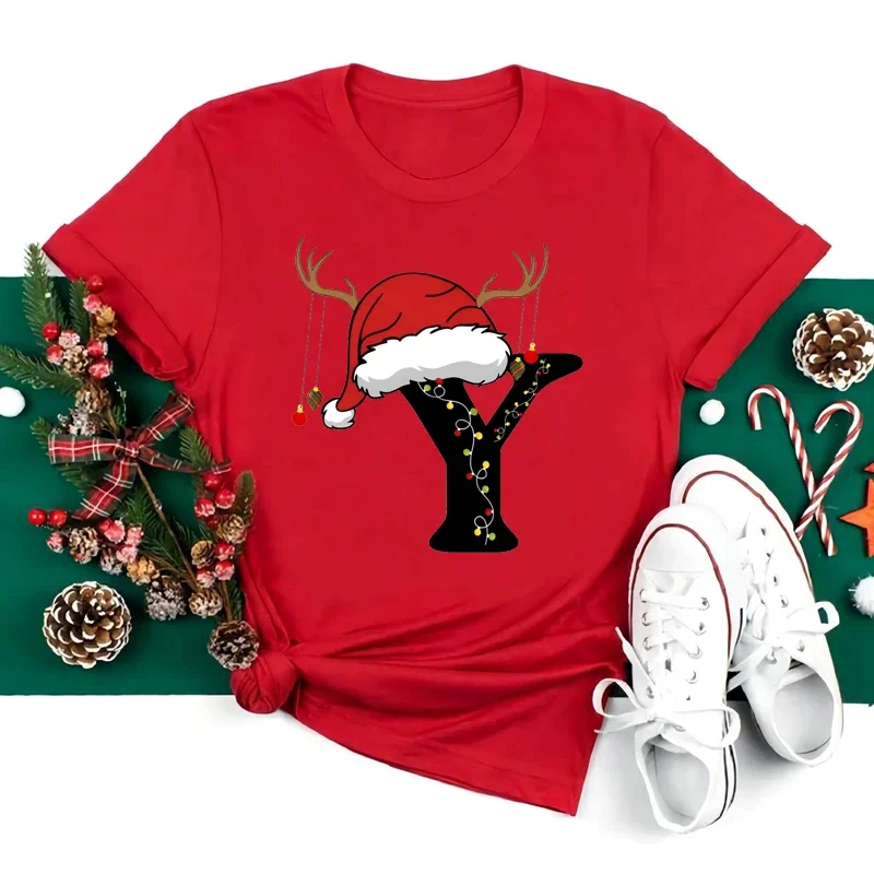 Weihnachten Alphabet T Shirt Frauen Casual Mode T-shirt Kurzarm Weihnachten Party Ästhetik Rot Top Harajuku Hülse Casual – Detail 7