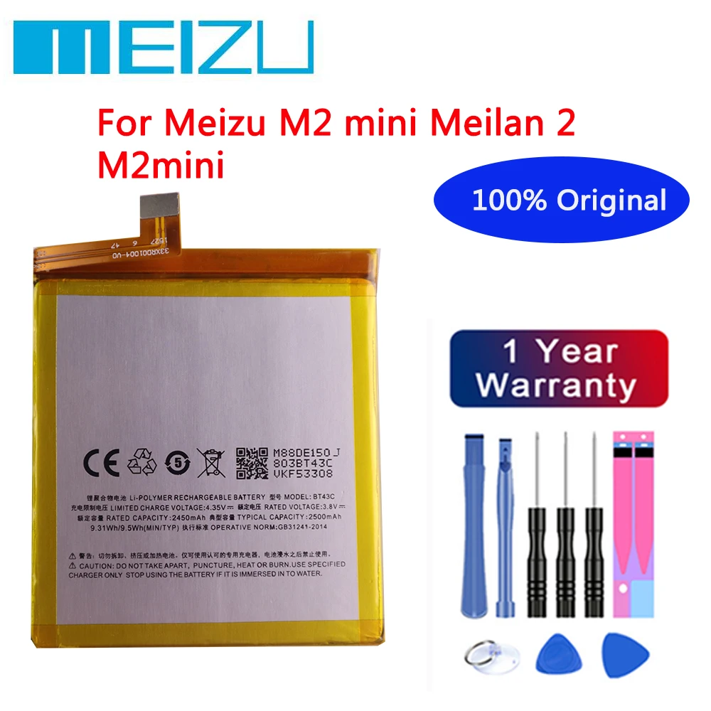 

Meizu High Quality 100% Original BT43C Battery For Meizu M2 mini Meilan 2 M2mini 2500mAh Mobile Phone Bateria Batteries + Tools