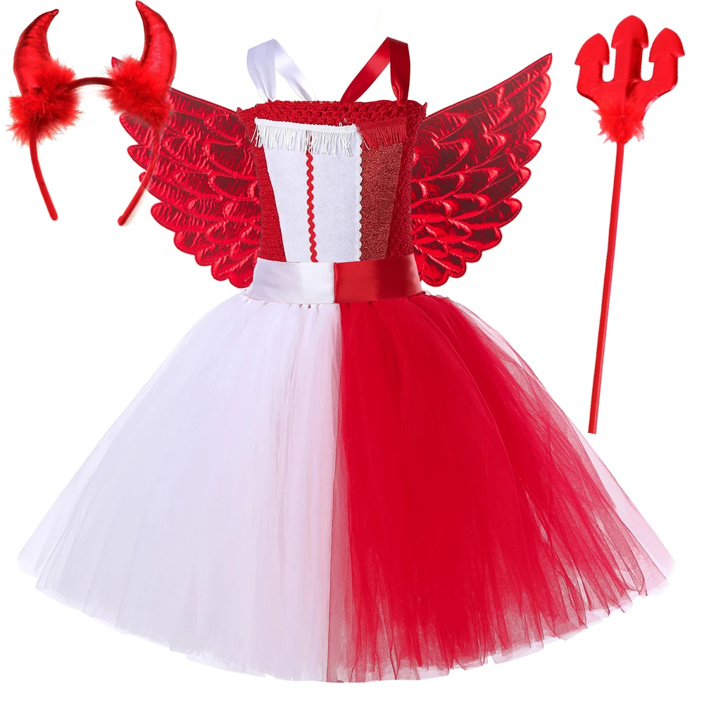 

White Red Devil Angel Dresses for Girls Demon Angel Halloween Costumes for Kids Carnival Party Tutu Outfit with Horns Wings Fork