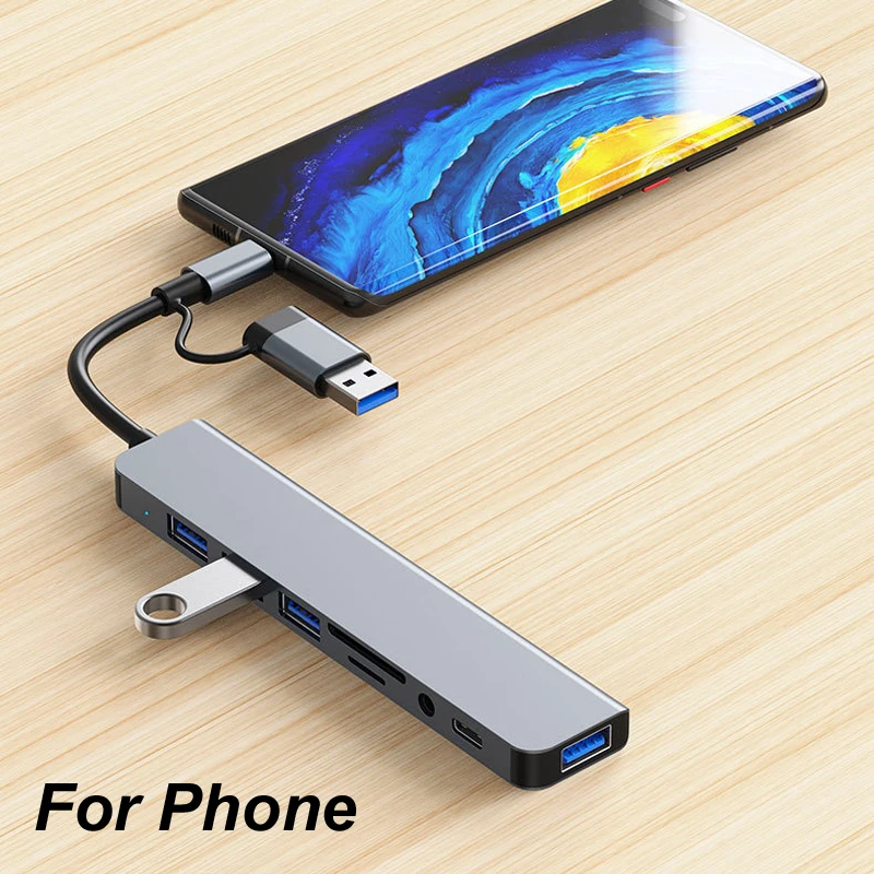 8 IN 1 USB TYPE C 3.0 HUB 3.5MM Audio SD TF Card reader 5Gbps OTG Keyboard mouse hard drive Macbook Pro Laptop PC Phone