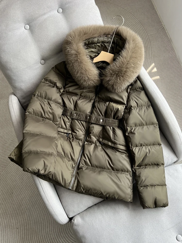 Luxury Women's Fur collar down jacket Warm Solid 2023 Winter Elegant Adjustable waist puffer coat Female outwear INKEO 3O256