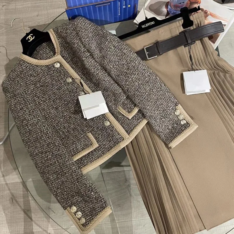 Coat Women's Short Single-Breasted Fashion Loose Versatile Korean Style  Spring and Autumn Design Stitching round Neck Cardigan
