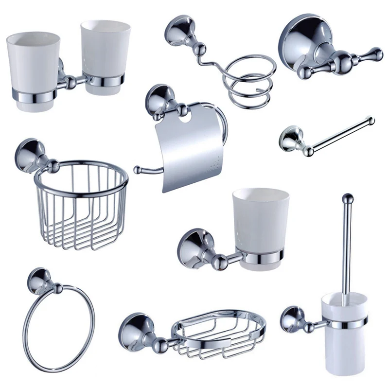 

Polished Chrome Brass Bathroom Accessories Set with Towel Rack Shelf Toilet Brush Holder Towel Ring Paper Holder