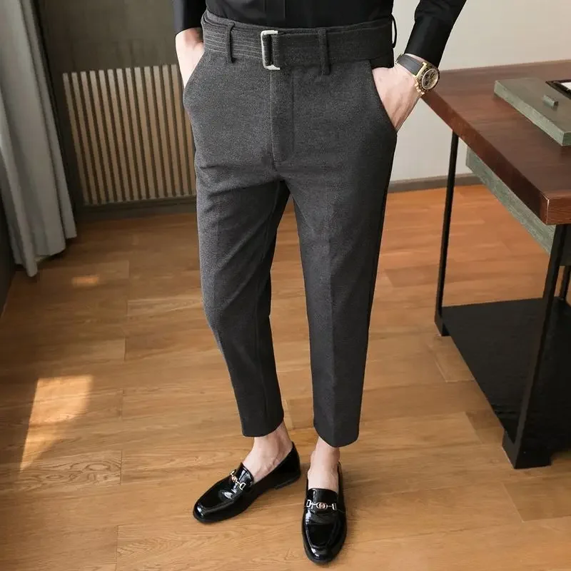 thumbnail image 1 of Pantalones de traje masculino de corte recto y ajustado con trenzas, pantalones de verano para hombre, ropa de negocios elástica y elástica, promoción, 1 of 5
