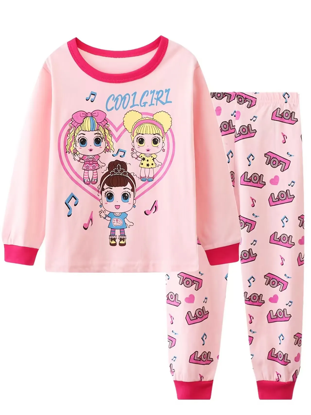 thumbnail image 1 of 2pcs Girls Casual Cartoon Unicorn Print Crew Neck Pink Cotton Pajama Sets, 1 of 5