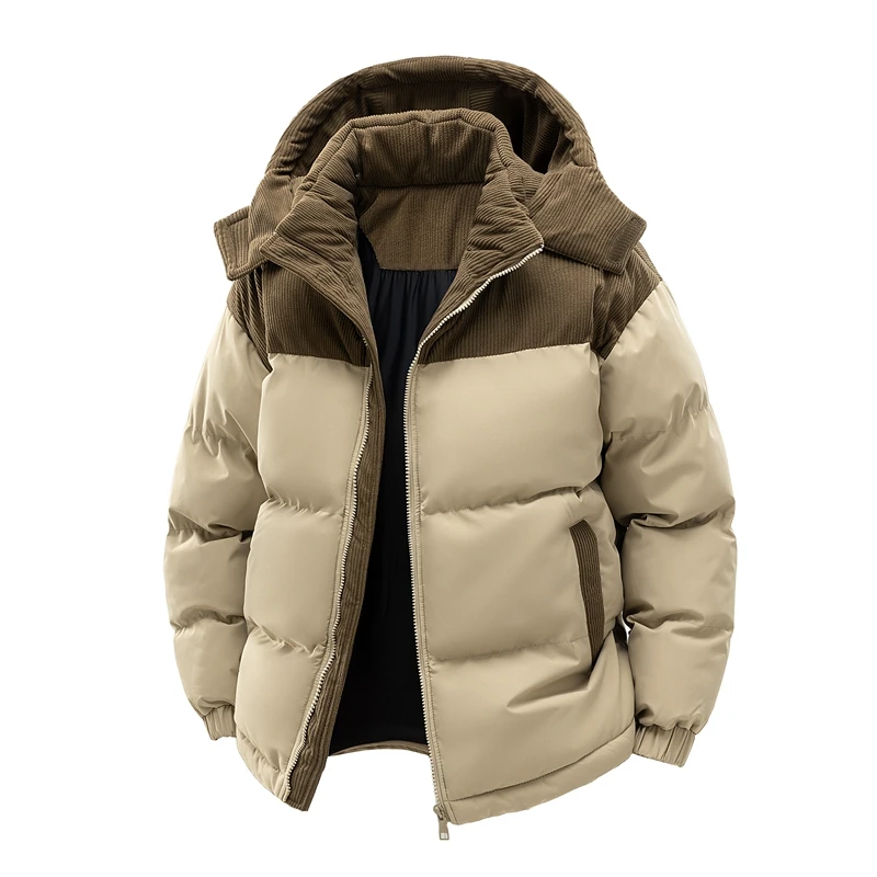 Winter Men's Parkas Fashion Patchwork Corduroy Hooded Outerwear Coats