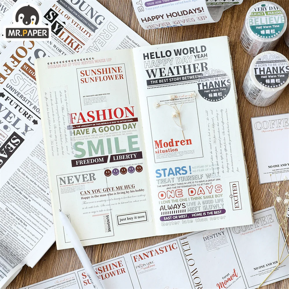 Mr.paper 6 Styles 1roll Simple English Phrase Washi Tape Personality Literary Hand Account Decorative Material Sticker Tape