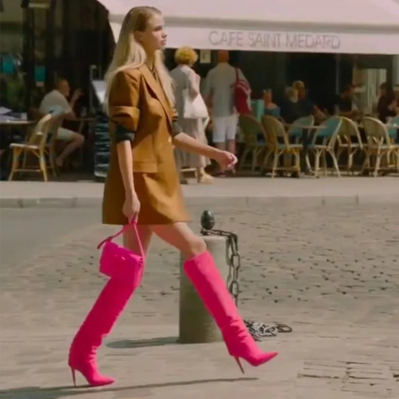 Classic Winter New Pointed Toe Suede Sewing Stiletto Knee High Boots Slip-On Sexy Designer Dress Party High Heels Shoes