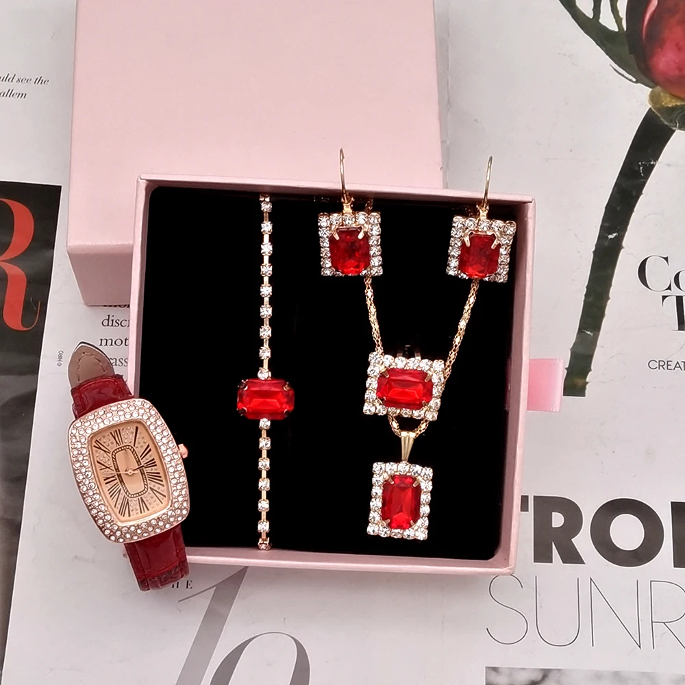 5Pcs Fashion Luxury Full diamond Pigeon Egg Diamond Lady quartz belt Watch clock vintage Elegant Montre Femme Jewelry Set + Box