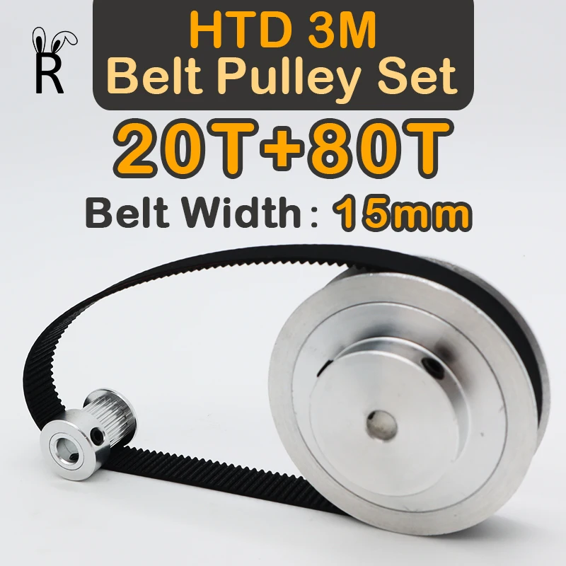 20Teeth+80Teeth HTD 3M Synchronous Wheel Kit Pulley Set Belt Width 15mm 80 Teeth Pulley 20T 80T HTD3M Timing Pulley Set 20 Teeth