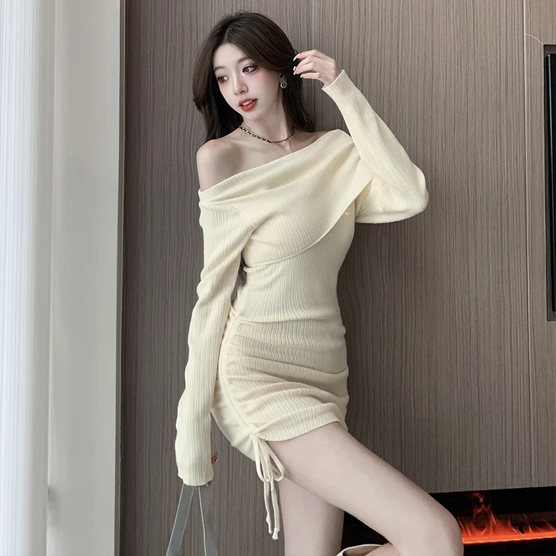 

Женское трикотажное мини-платье, элегантное Плиссированное облегающее платье-свитер с длинным рукавом, корейский стиль, 2023