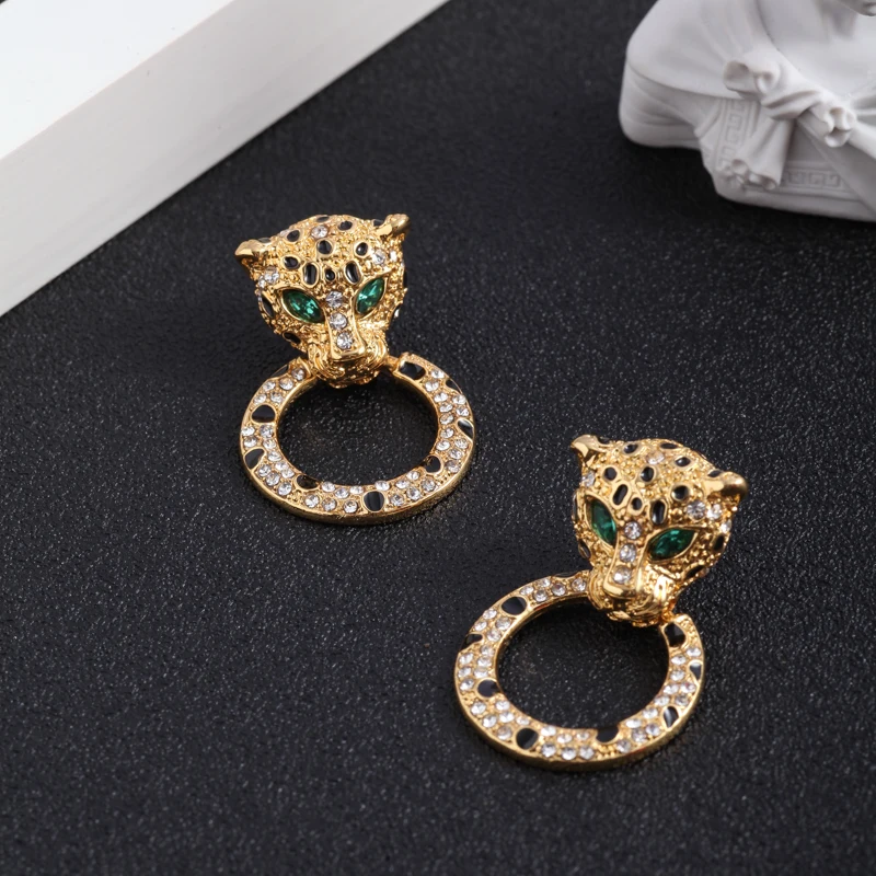 

Creative personality realistic cheetah ring inlaid sparkling rhinestone design earrings