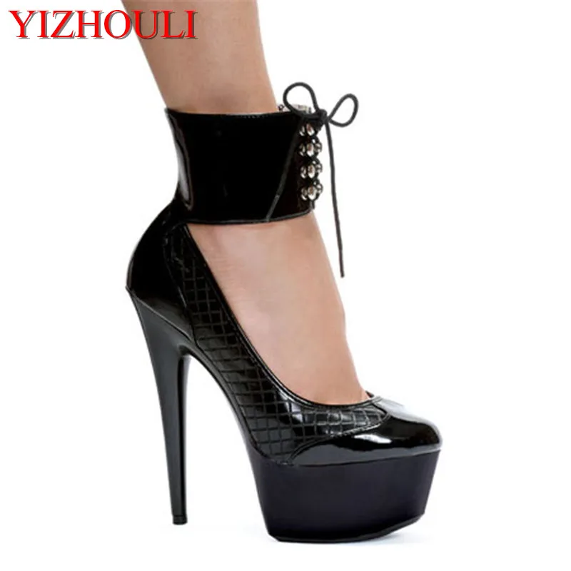 

Elegant PU leather ankle stiletto heels for ladies, 15cm high heels for weddings, dresses and parties dance shoes