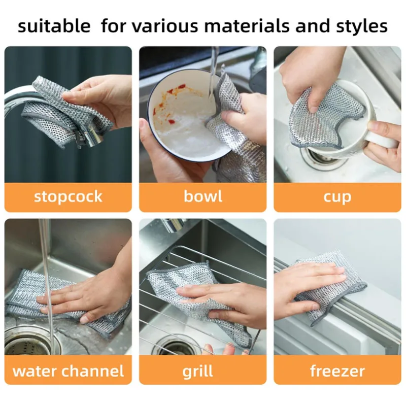5/10/20pcs metal steel wire rags silver wire cleaning kitchen cloths thickened double-sided metal sponge steel wool ball rags metal cleaning cloth