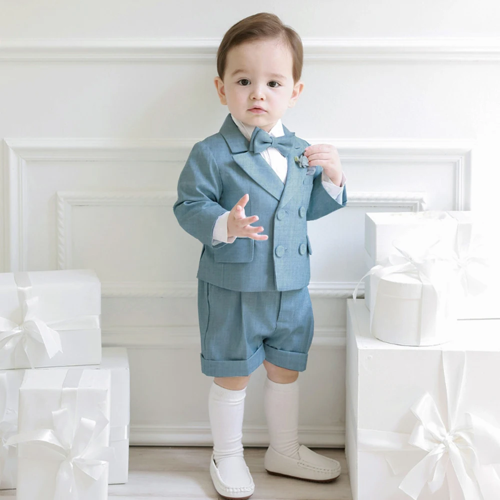Garnitur dla chłopców na wesela urodziny mały chłopiec dżentelmen strój oficjalne garnitury dzieci niebieski płaszcz szorty z szelkami muszka zestaw ubrań