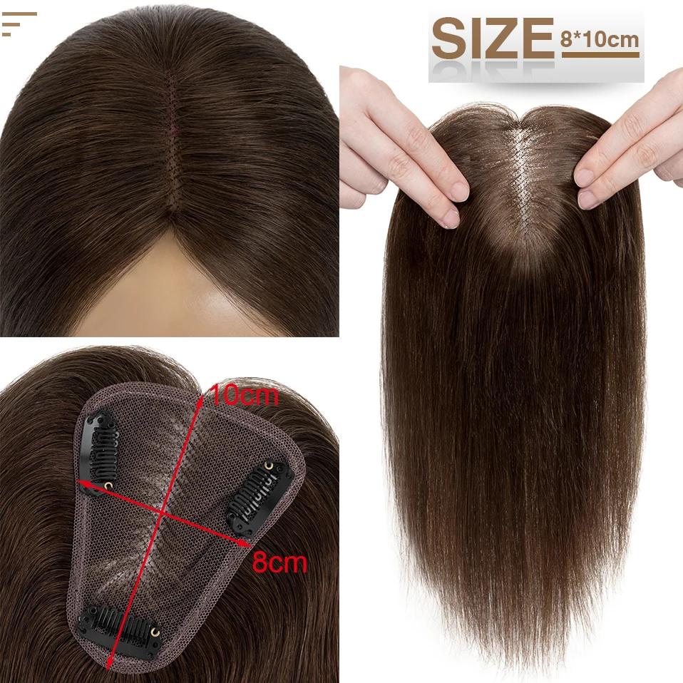 S-noilite 8x10cm Human Hair Toppers Hand Made Center Part Mono Women Topper Natural Hair Wigs Single Knot Hair Clip Extensions