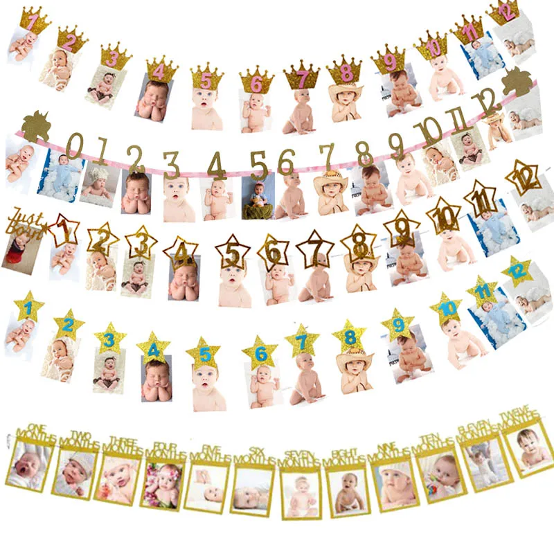 Birthday Banner 1set 1st Birthday Baby Photo Banner For Newborn to 12 Months Monthly Milestone Photograph Bunting Garland