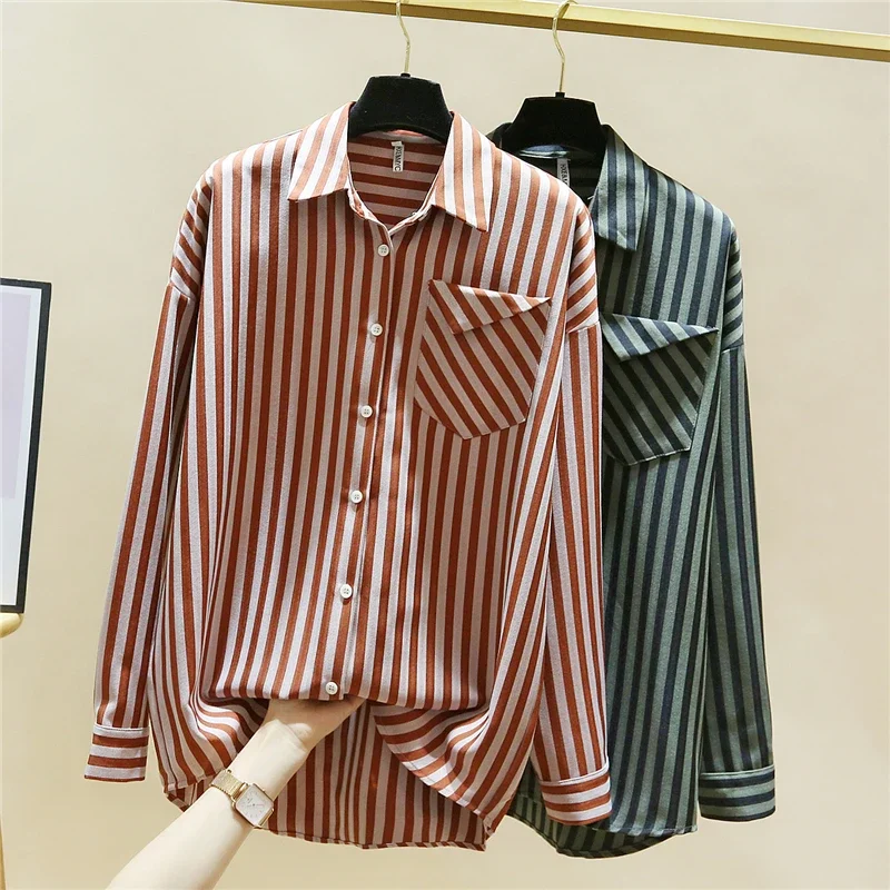 

Chiffon Stripe Women's Shirt Prints Vintage Blouses Polo-Neck Spring/Summer Clothing Loose Long Sleeve Fashion Tops YCMYUNYAN