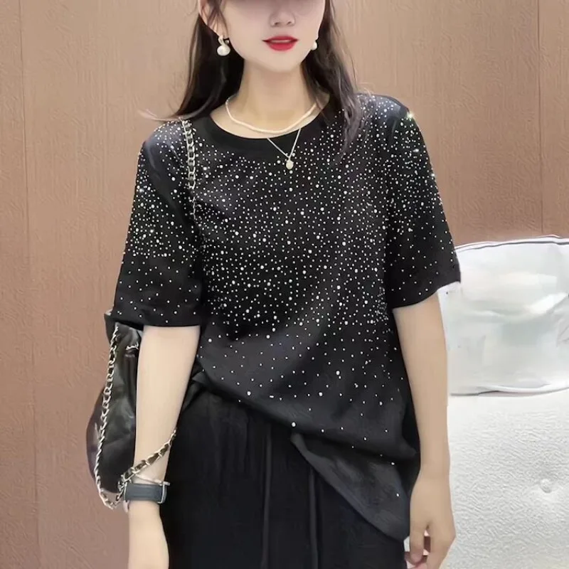 Spring Autumn New Fashion Round Neck Short Sleeved Women's Clothing Casual Tees All Match Loose Female Sequins Clothes T-Shirts