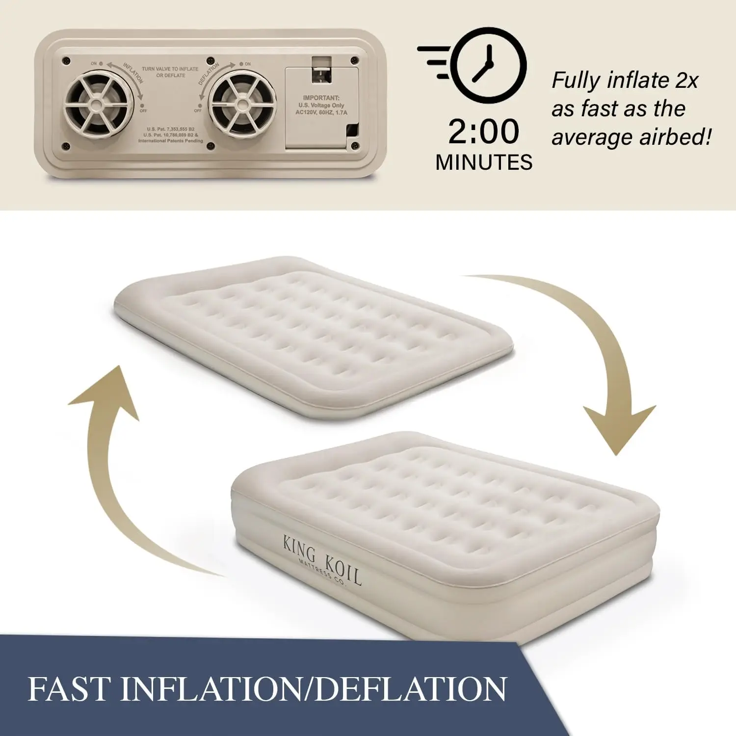 Koil Luxury Air Mattress 16in Full Size Beige with Built-in Pump for Home, Camping & Guests-Inflatable Airbed Luxury Double High