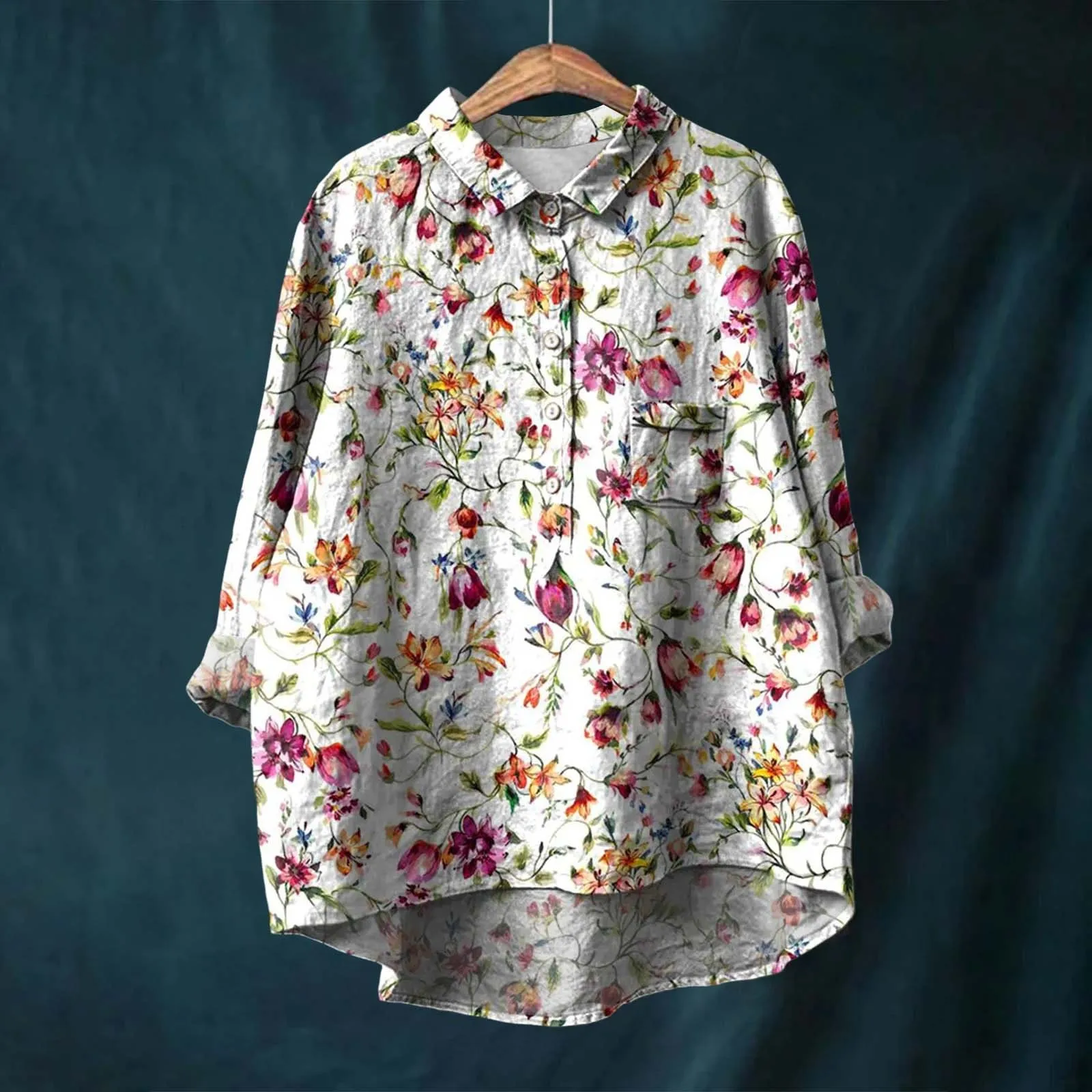 Women Shirt Flower Pattern Printed Lapel Neck Casual Cotton And Linen Long Sleeve Fall Exercise Clothes