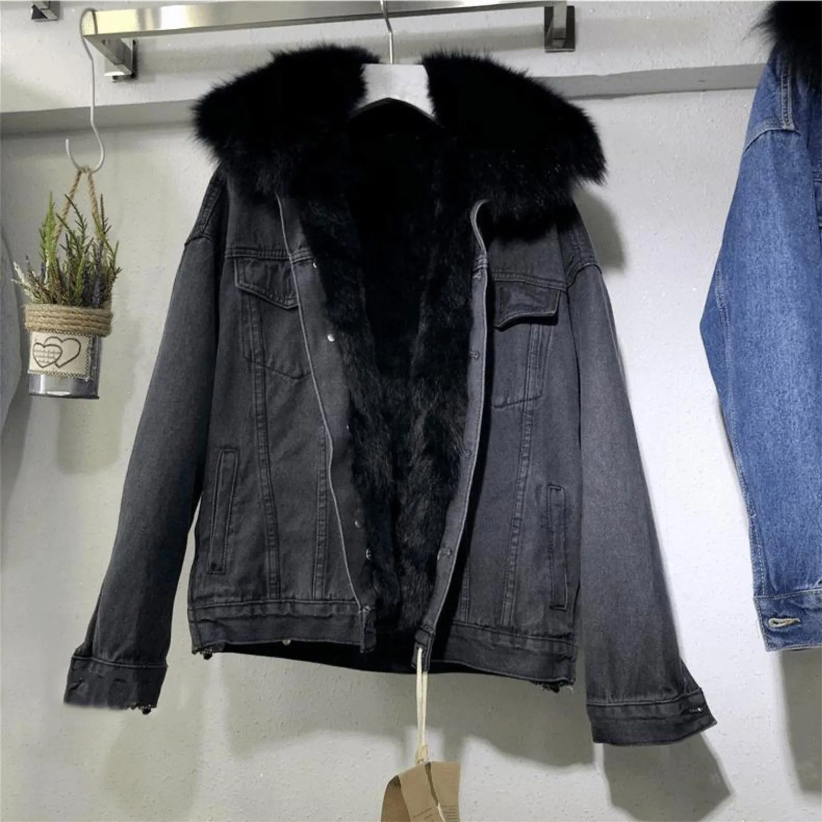 Denim Fleece Thicken Coat Women Winter Thermal Fur Neck Single Breasted Pocket Coat Vintage Loose Warm Soft Streetwear Outercoat