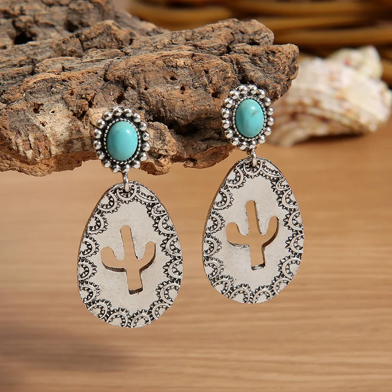 

2022 ретро бирюзовые серьги европейские и американские креативные серьги в форме капли с полым КАКТУСОМ большие серьги для женщин