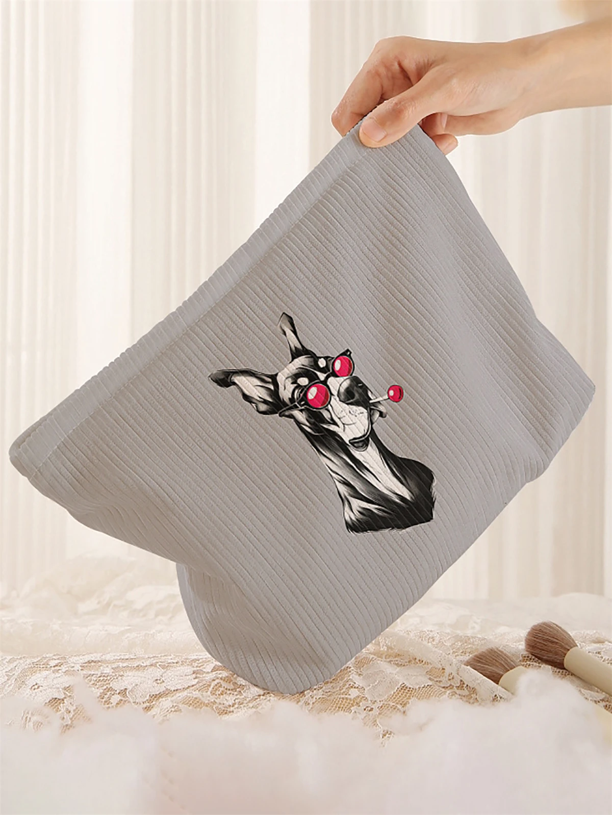 1 dog patterned corduroy makeup bag, lightweight zipper makeup storage box, multifunctional bag with lining