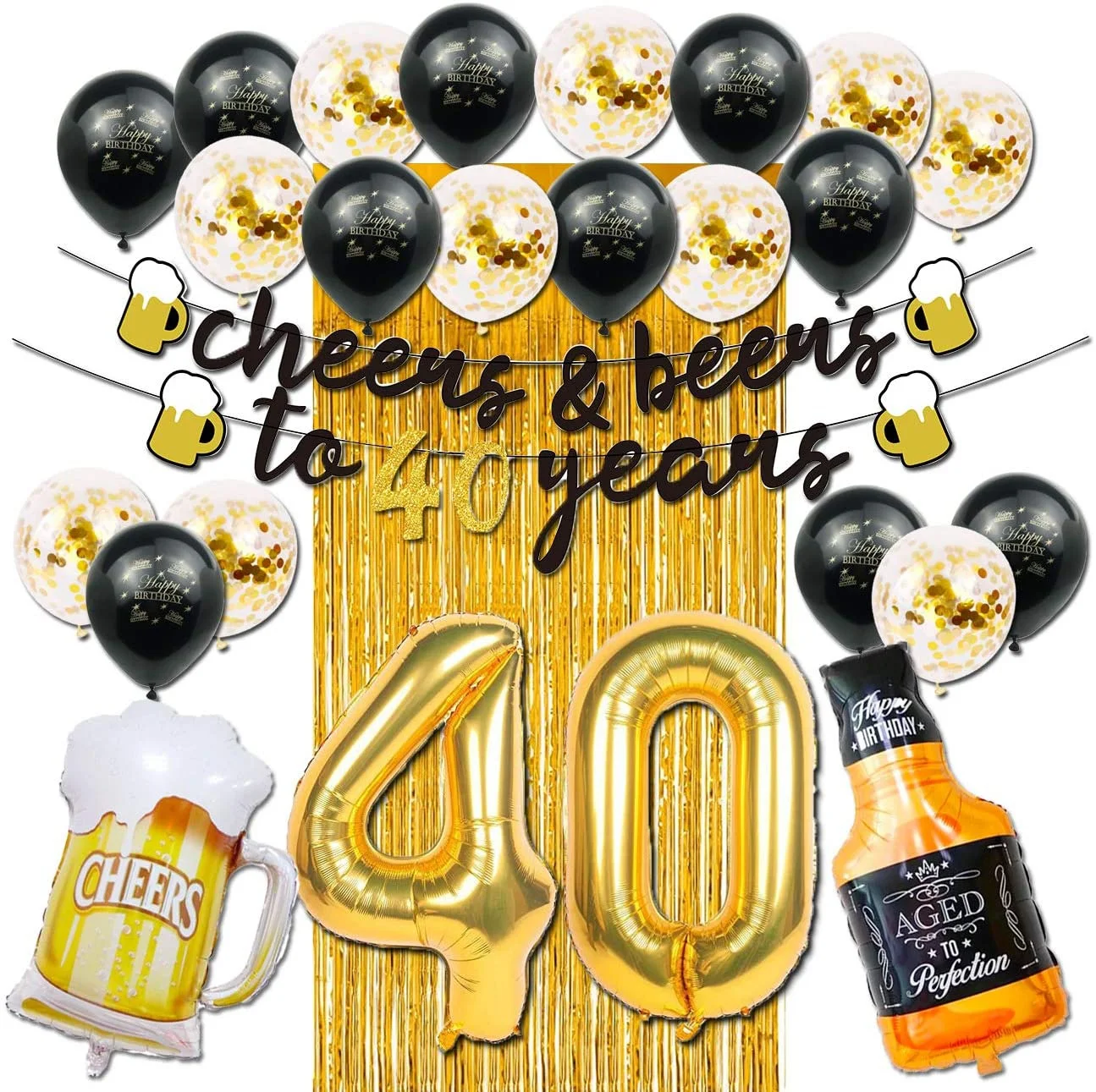Cheers and Beers to 40 Years Banner Black and Gold Anniversary Birthday Party Decorations with Beer Mug Confetti Balloons